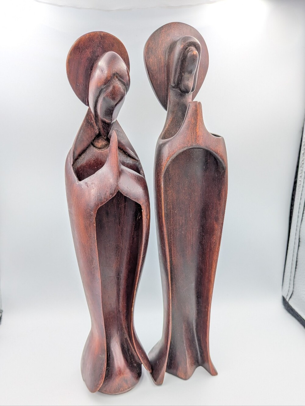 Vintage MCM folk art Quebec Canada hand craved wooden praying figured sculptures